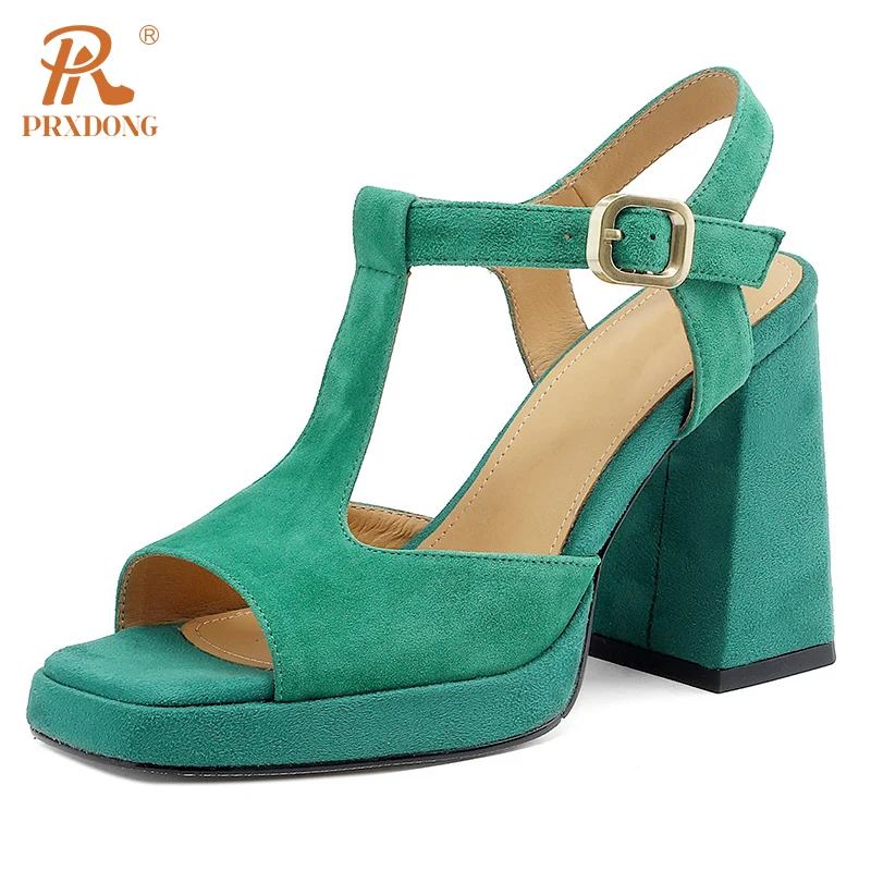 

PRXDONG New Brand Genuine Leather Chunky High Heels Platform Shoes Women Summer Sandals T-strap Black Green Dress Party Lady 39