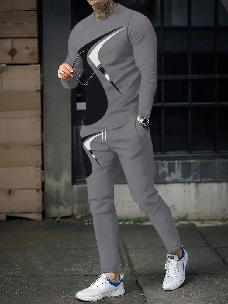 Simple Geometric Print Men's Fall Fashion Casual Crew-neck Tops And Pants Urban Street Trends Long Styles