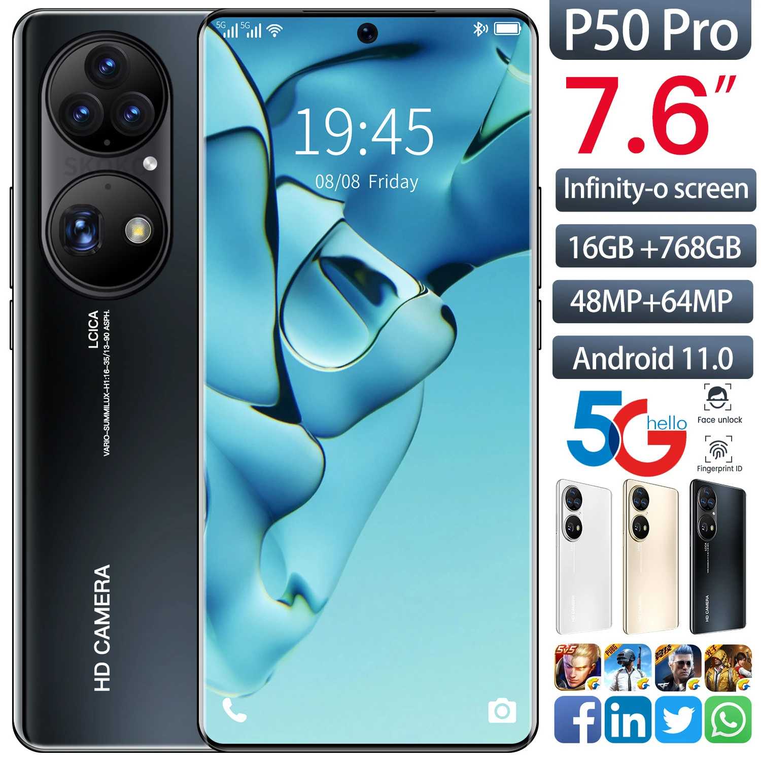 

Смартфон SKO P50 PRO, 7,6 дюйма, 16 + 768 ГБ, 6800 мАч Фотокамера 64 мп