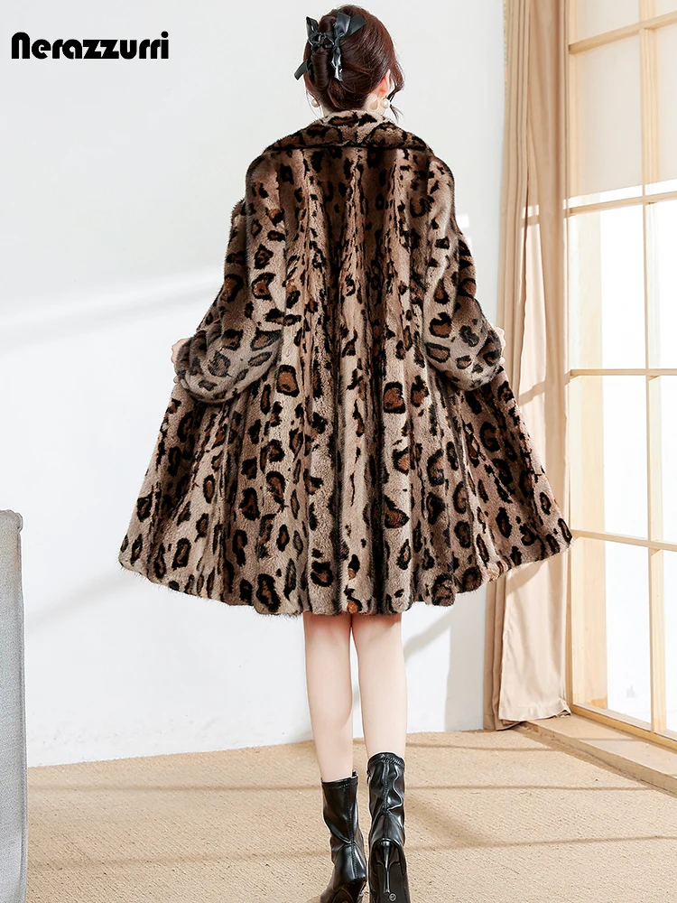 

Nerazzurri Winter Thick Warm Soft Fluffy Colorful Leopard Print Real Mink Fur Coat Women Lapel Luxury Designer Clothing 2023