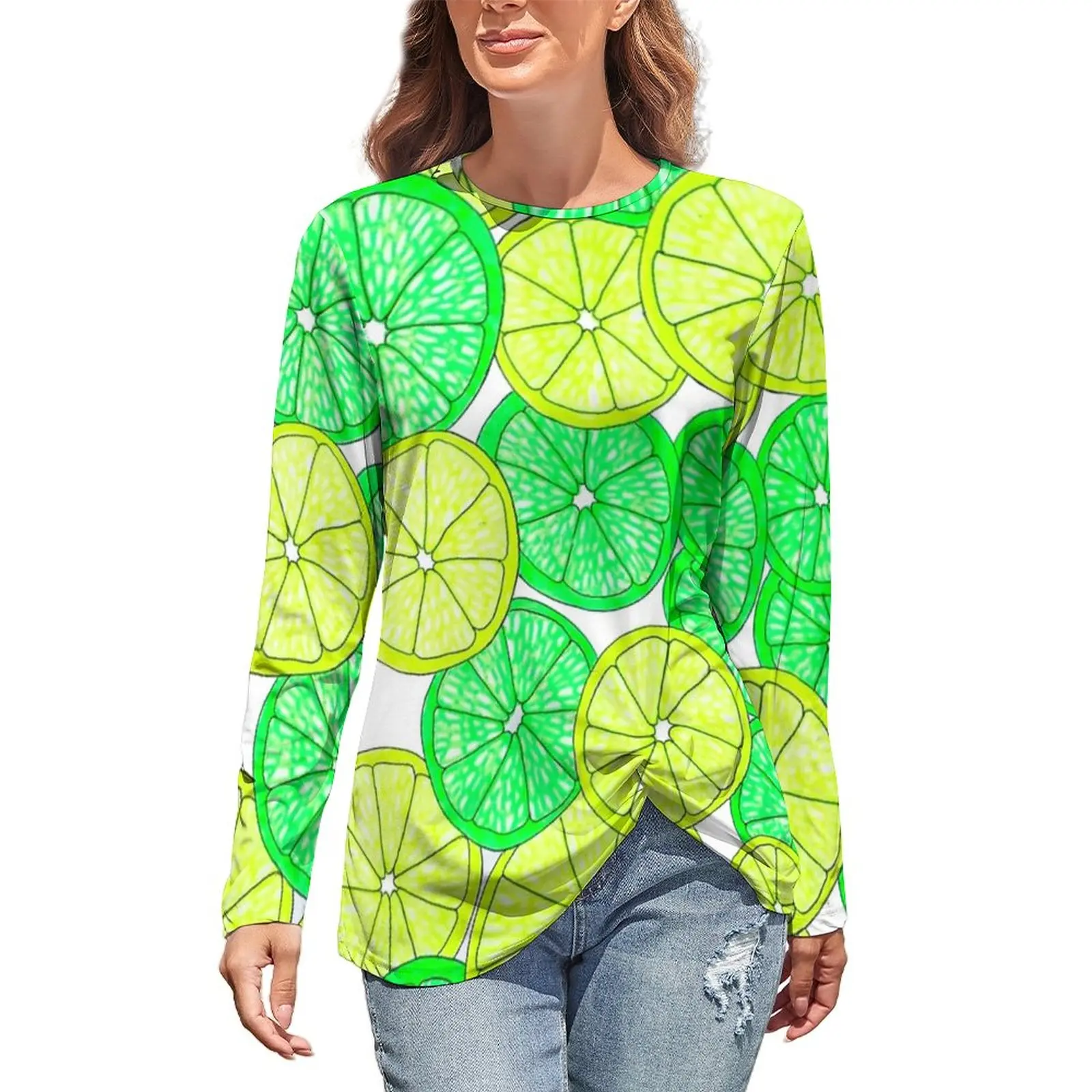 

Футболка женская оверсайз с длинным рукавом, модная рубашка с принтом лимона и лайма в стиле ретро, яркий цитрус