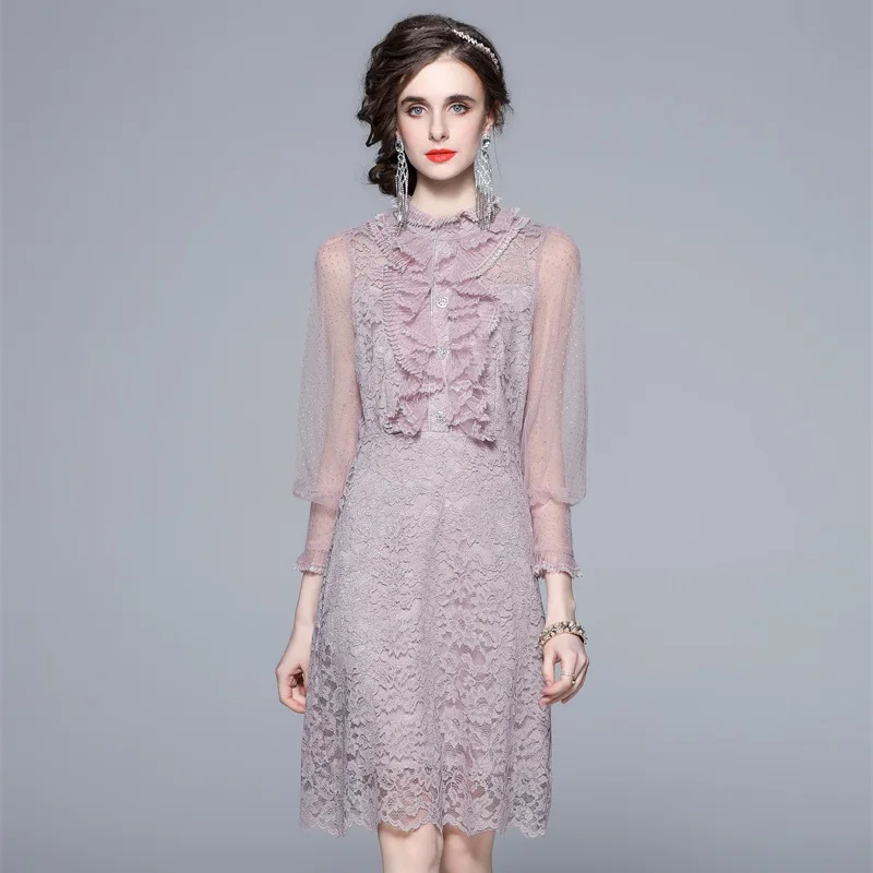 

Women Spring Elegant Ruffle Button Sexy Slim Wedding Cocktail Party Robe Female Vintage Lace Embroidery Mesh Dress Vestidos