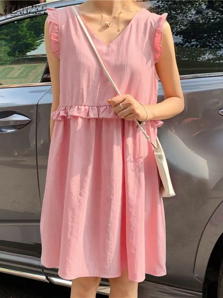 

ZANZEA Ruffled Stitching Casual Loose Sundress Summer Solid Dresses Party V Neck Robes 2023 Fashion Women Sleeveless Mini Dress