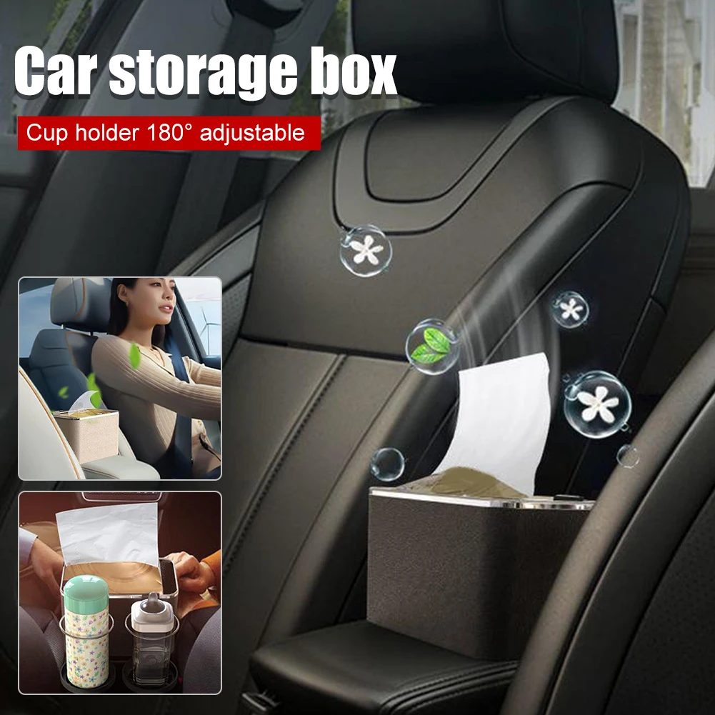 

Car Armrest Storage Box with Foldable Water Cup Holders Interior Organizer Multifunction Tissue Box Drink Holder Car Organizer