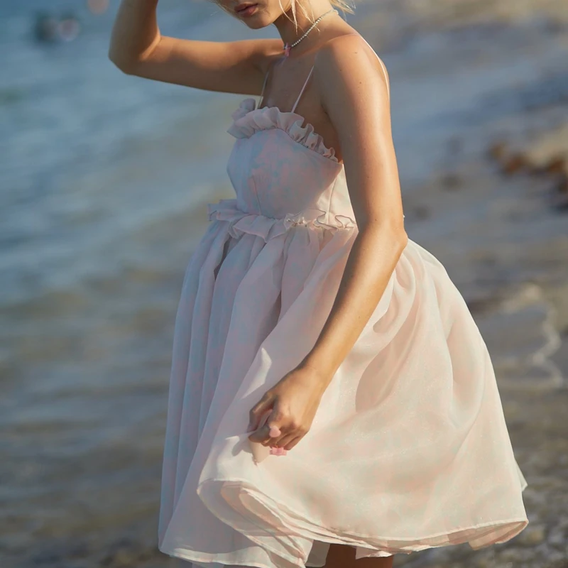 Женское летнее платье с открытой спиной милое мини-платье оборками элегантное