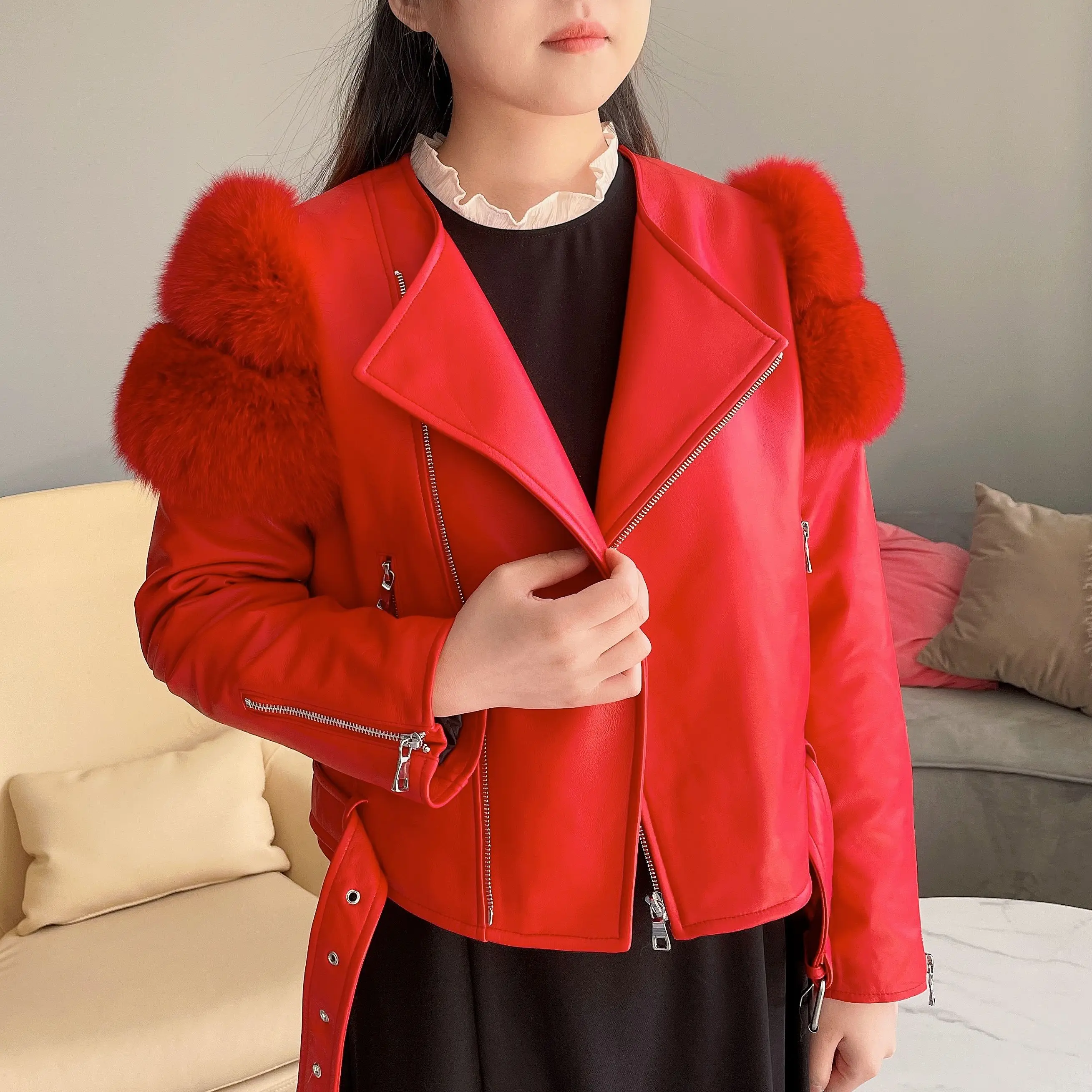 MISSJANEFUR Genuine Leather Jacket with Fox Fur on Shoulder Women 2023 New Streetwear Fashion Real Sheepskin Coat