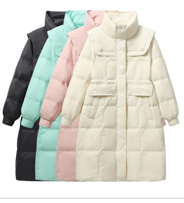 New Down Jacket Women's Mid-length Section Navy Collar Design Sense Cotton Jacket White Duck Down Thicker Knee-length Jacket