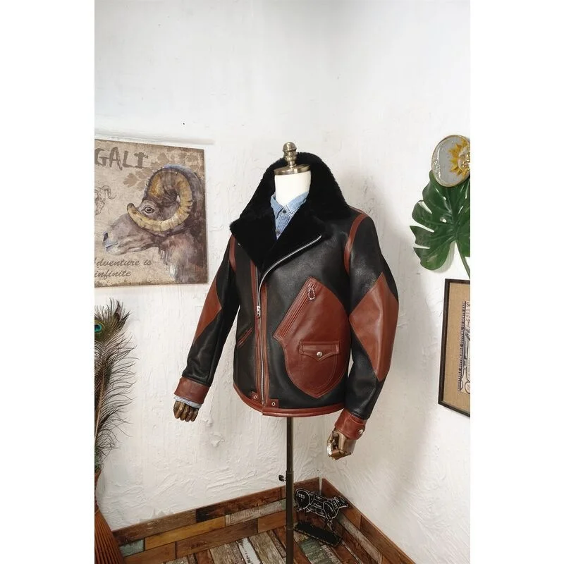 Мужская Меховая куртка из 100% натуральной кожи в стиле ретро