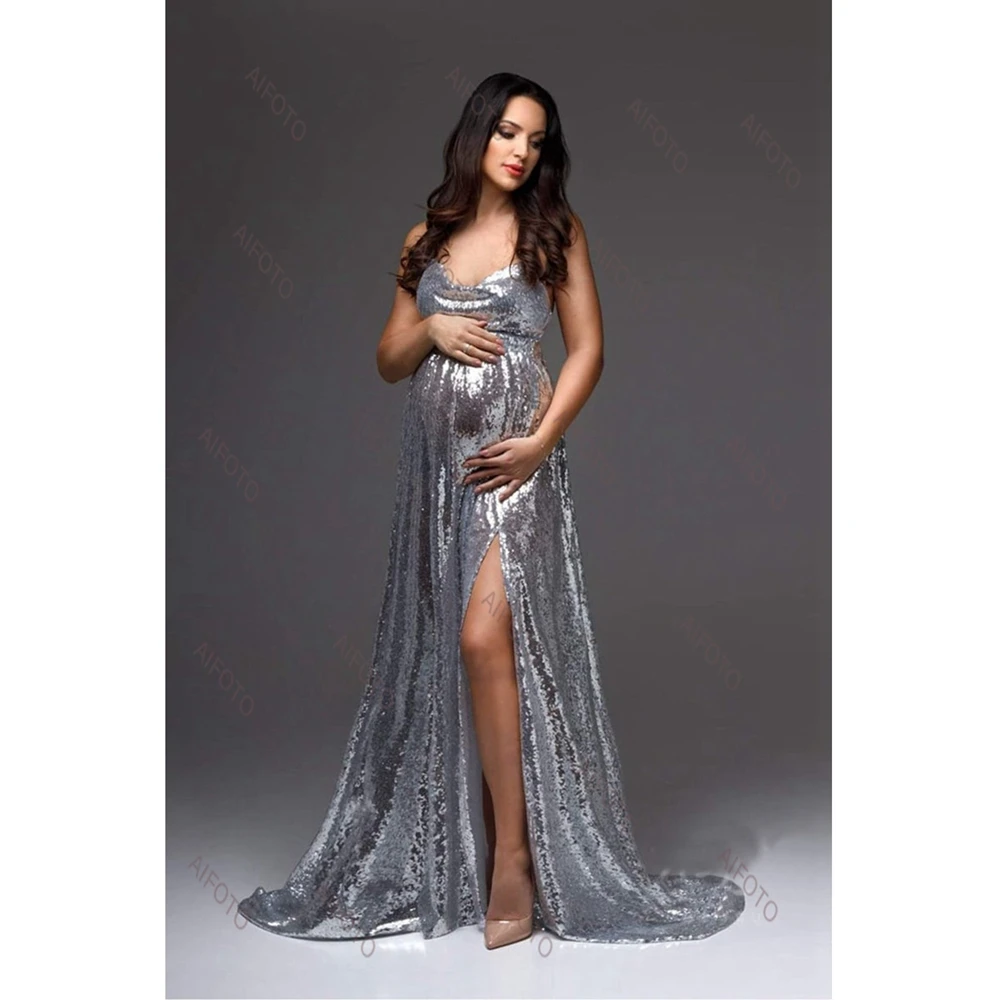 Maternity Evening Dresses For Photo Shooting Silver Revealing Backpack Hip Mopping Long Skirt Pregnancy Clothes Sexy Photography