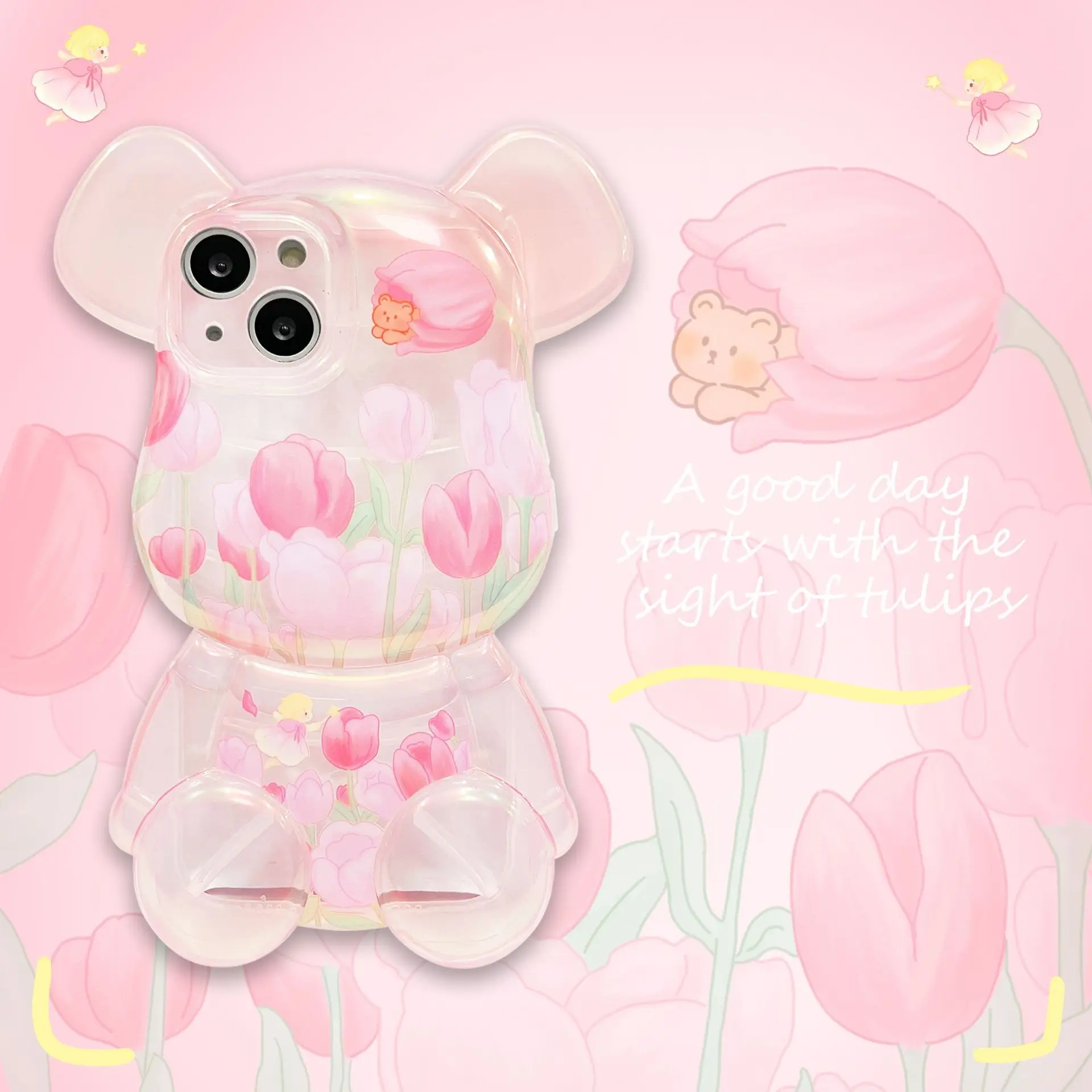

3D Fashion Tulip Cartoon Bear Case For iPhone 11 12 13 Pro Max Mini 7 8 Plus XR X XS MAX Trend Creative INS Original Clear Cover