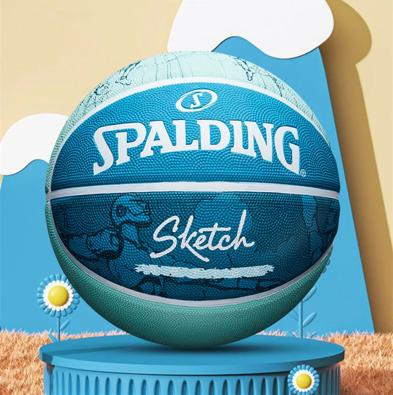 Spalding Green Graffiti Sketch Basketball 84-453Y Rubber Wear Resistance Game Training Indoor Outdoor Ball Size 7