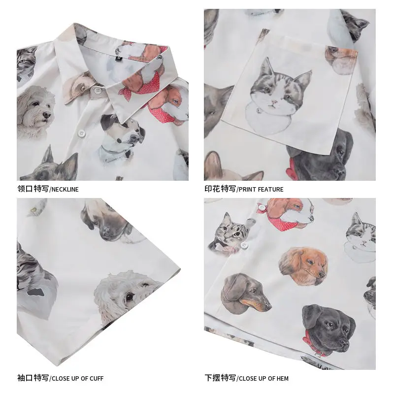 Harajuku Japan Kawaii Retro Puppy Dogs Head Print Button Up Shirt Streetwear Kawaii Unisex Tops Summer Large 2XL Korean Fashion images - 6