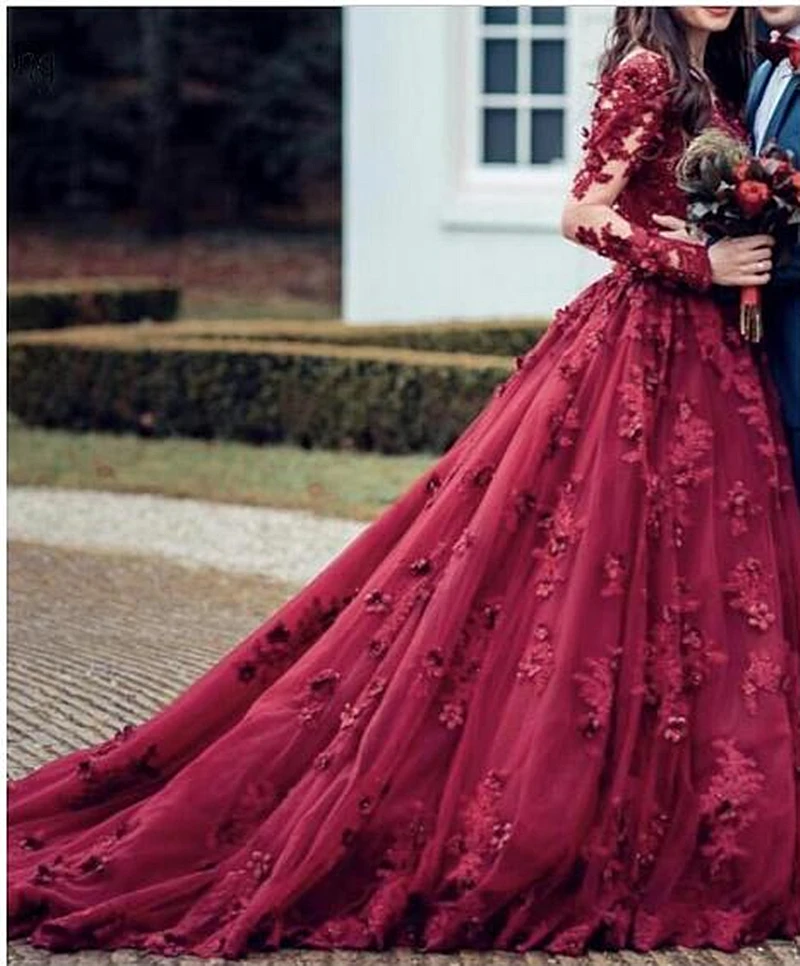 

3D Flower Lace Wedding Dress 2022 Sheer Crew Neck Long Sleeves Vintage A Line Burgundy Bridal Gowns Country Bride Reception Wear