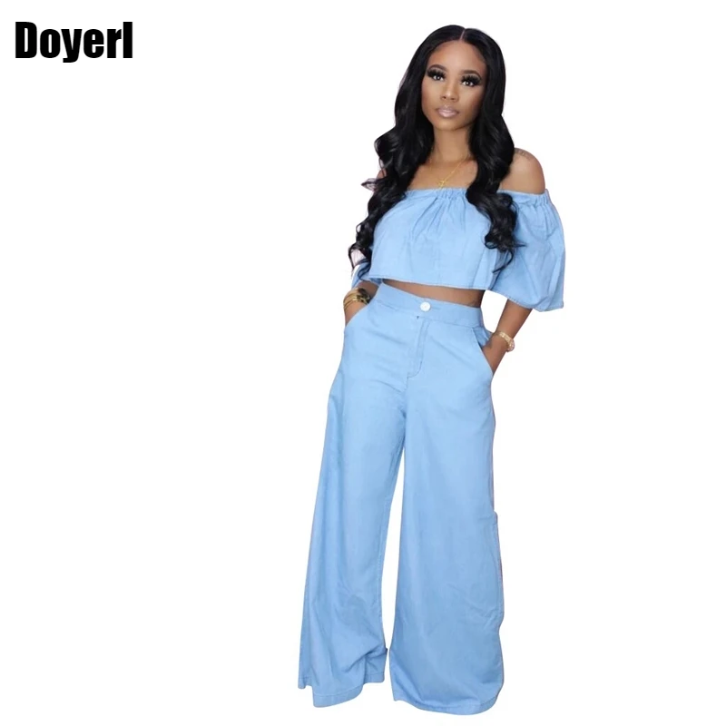 

Blue Off Shoulder Two Piece Pants Set Matching Sets Summer Outfits for Women 2021 Sexy Club 2 Piece Sets Womens Outfits Vacation