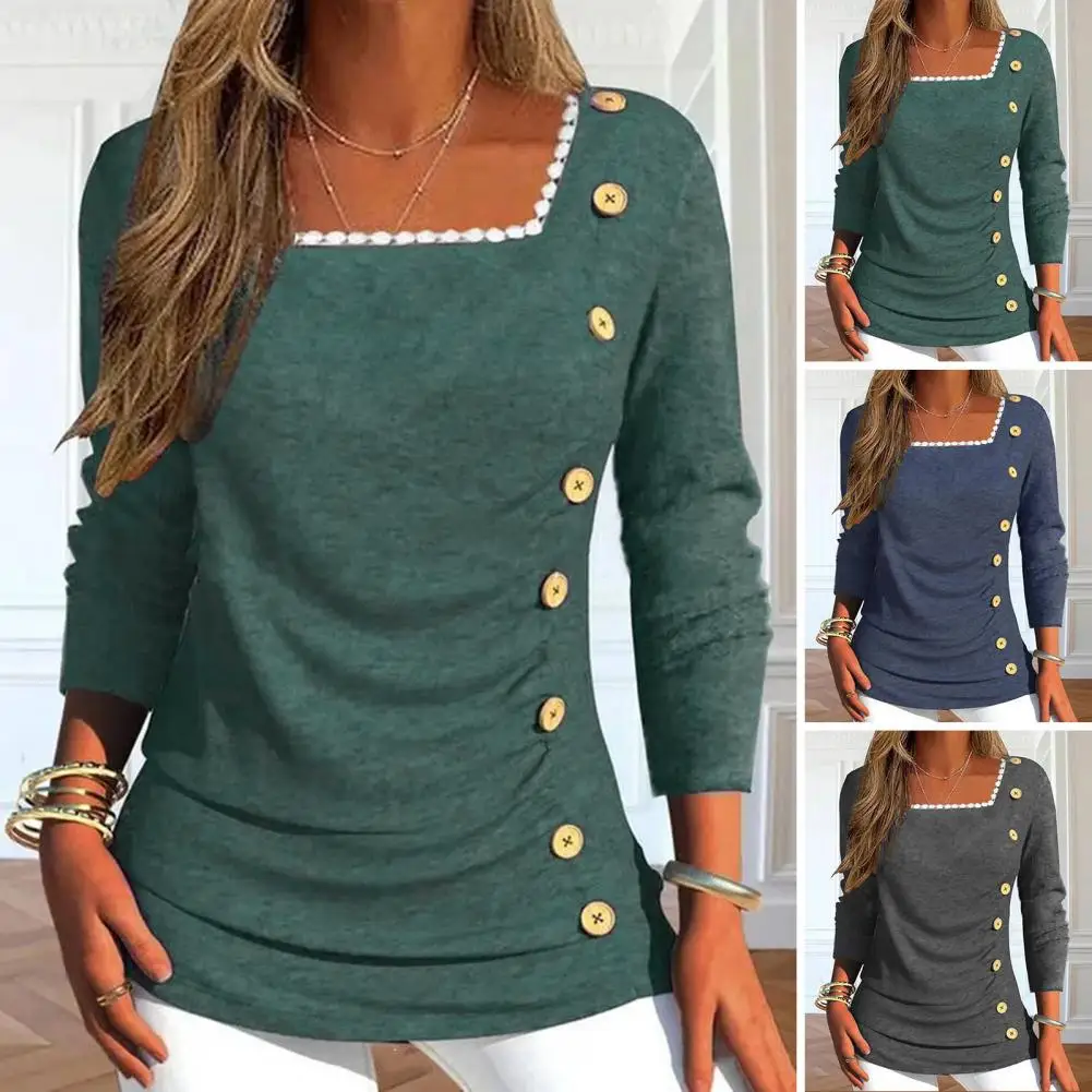 

Square Neck Women Shirt Chic Autumn Blouses Slim Fit Lace Neckline Pleated Design for Women's Streetwear Fashion Stretchy Women