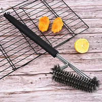 three headed steel wire grill brush stainless steel three headed grill brush long handle grill cleaning tool