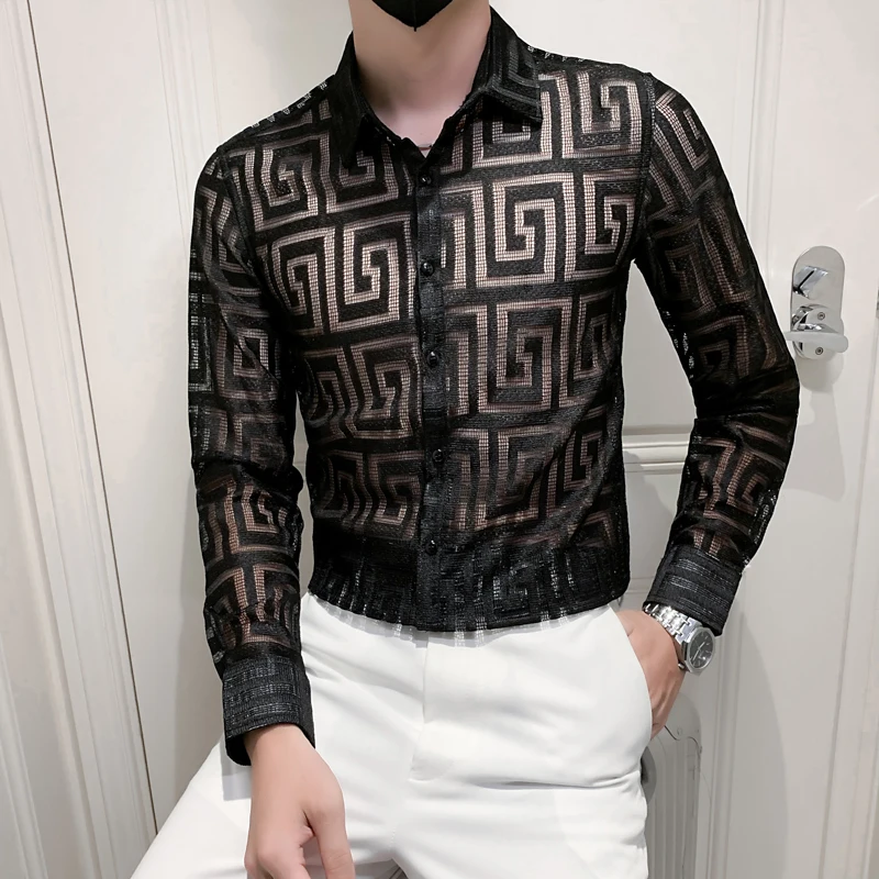 

Autumn New Sexy Transparent Lace Shirt Men Clothing Simple All Match Slim Fit Long Sleeve Club/Prom Tuxedo Chemise Homme