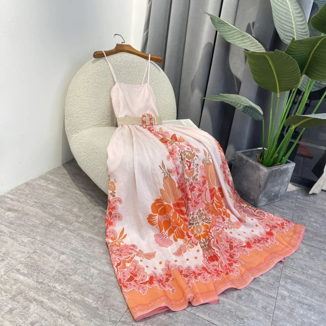 

Indie Folk Summer 2022 Top Quality Red Baroque Flower Print Spaghetti Straps Fit And Flare High Waist Midi Pink Dress Woman