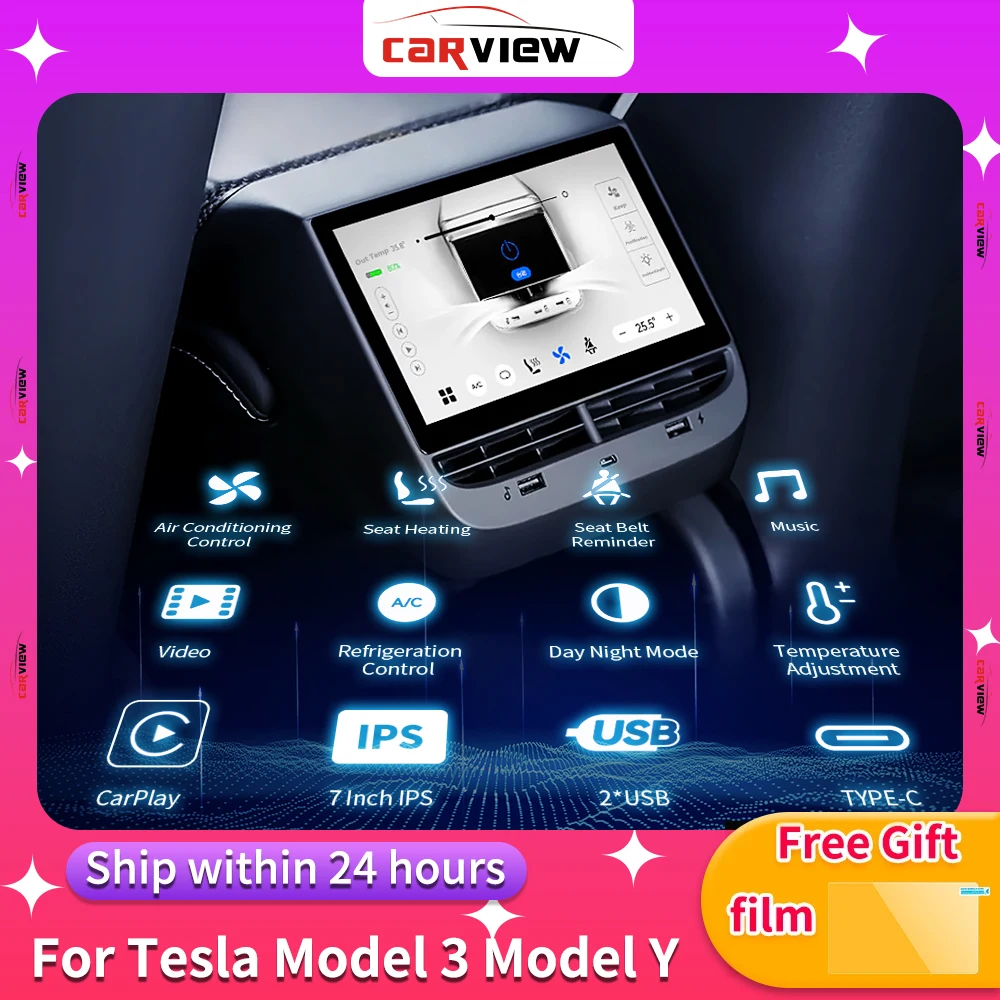 

CARVIEW 7,0 дюйма для телевизора Tesla с дисплеем заднего управления, Android 12,0, управление кондиционером для модели 3, YouTube, CarPlay