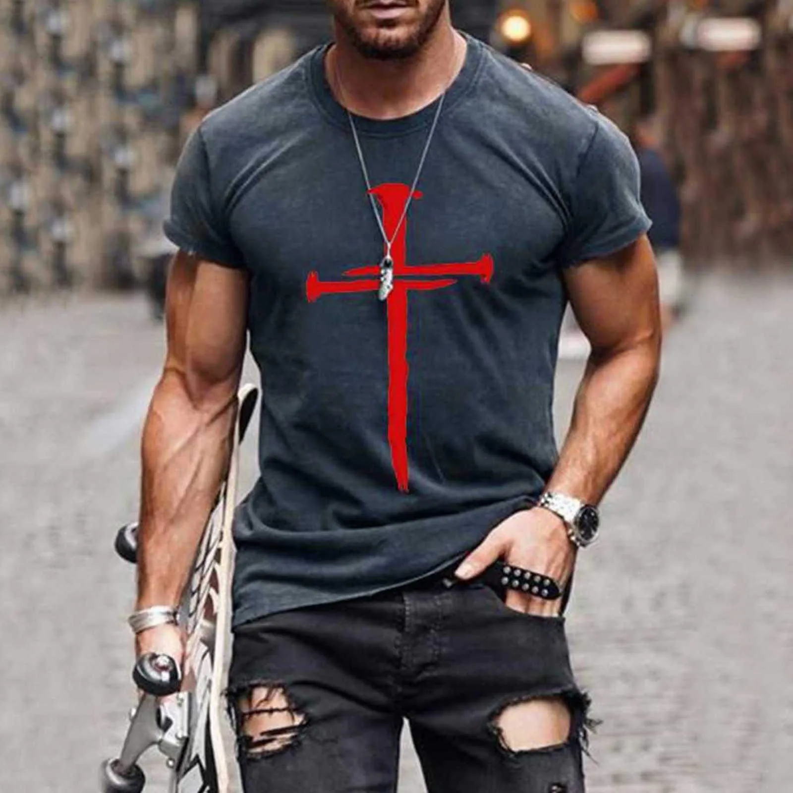 

Men Cross T Shirt Top Summer Casual Short Sleeve Printed T-shirts Male Tee Tops Clothing