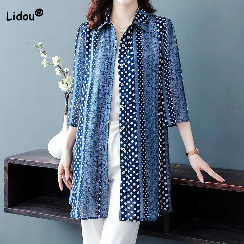 

Рубашка женская шифоновая в горошек, с рукавом 3/4 и воротником-поло