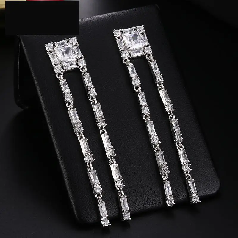 

2018 Luxury New Long Tassel Earrings Square Shape AAA Cubic Zirconia Drop Earings For Women Fashion Bride Earrings Brincos