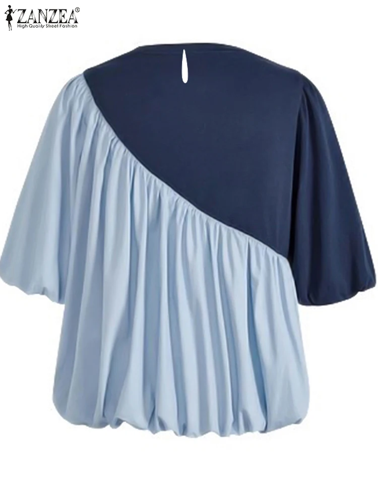 Ассиметричная плиссированная блузка ZANZEA с круглым вырезом женские топы коротким