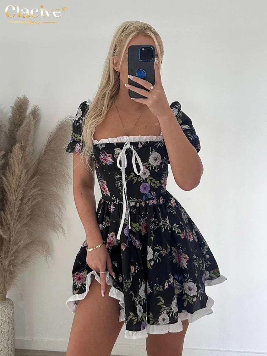 

Clacive Summer Slim Print Women'S Dress 2023 Fashion Square Collar Short Sleeve Mini Dresses Elegant Chic Patchwork Femlae Dress