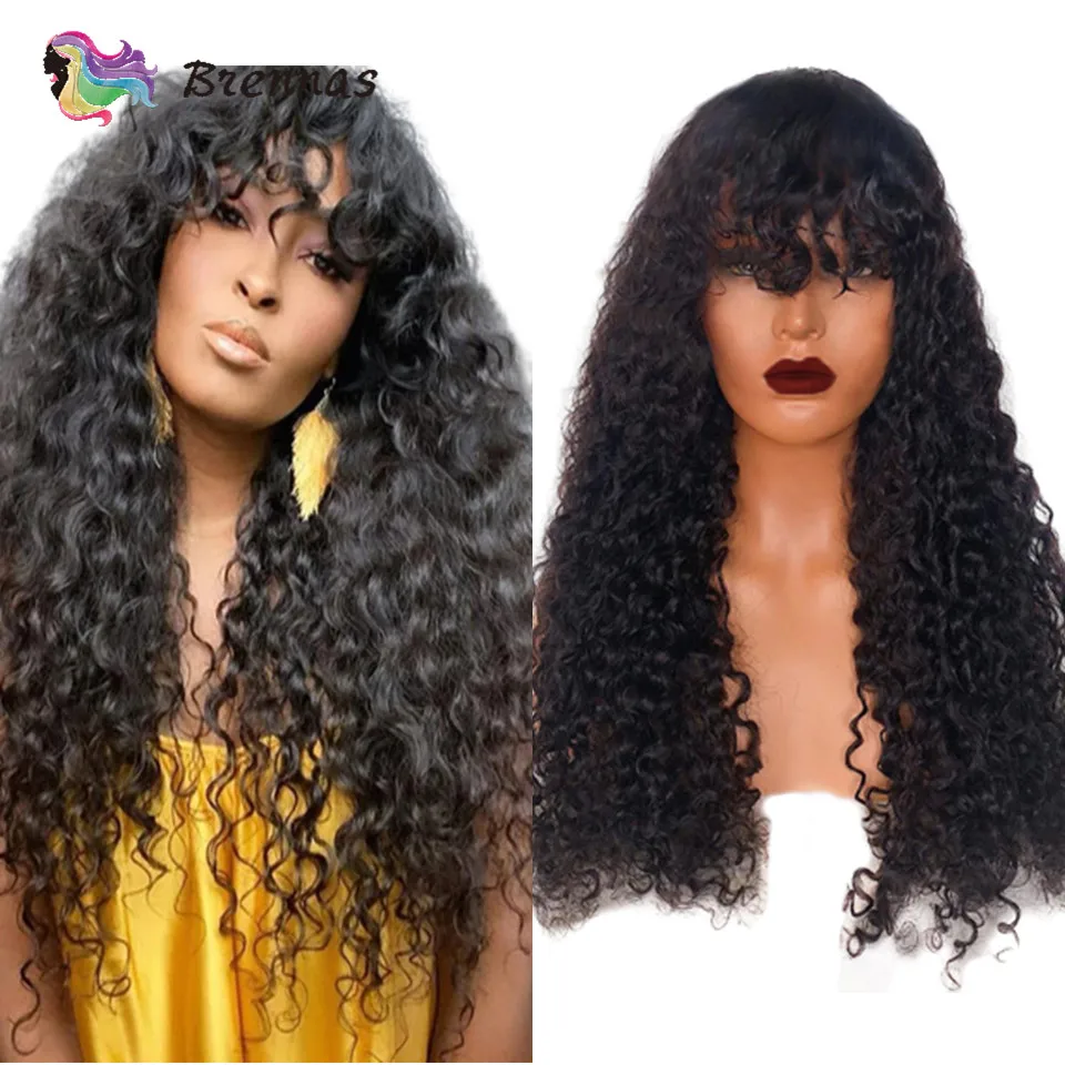 Water Wave Human Hair Wig With Bangs Natural Color Brazilian Hair Full Machine Made Human Hair Wig Density180 Remy Hair 8-26inch