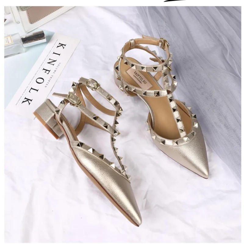 Luxury High Quality Pointed Rivet Sandals Pumps 2023 Genuine Leather New Versatile Bare Feet Lace Up Square Heels Women's Shoes