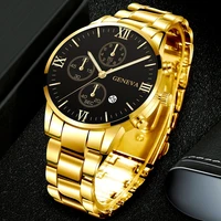 gold luxury mens watches stainless steel quartz watch for men fashion business leather calendar male clock relogio masculino
