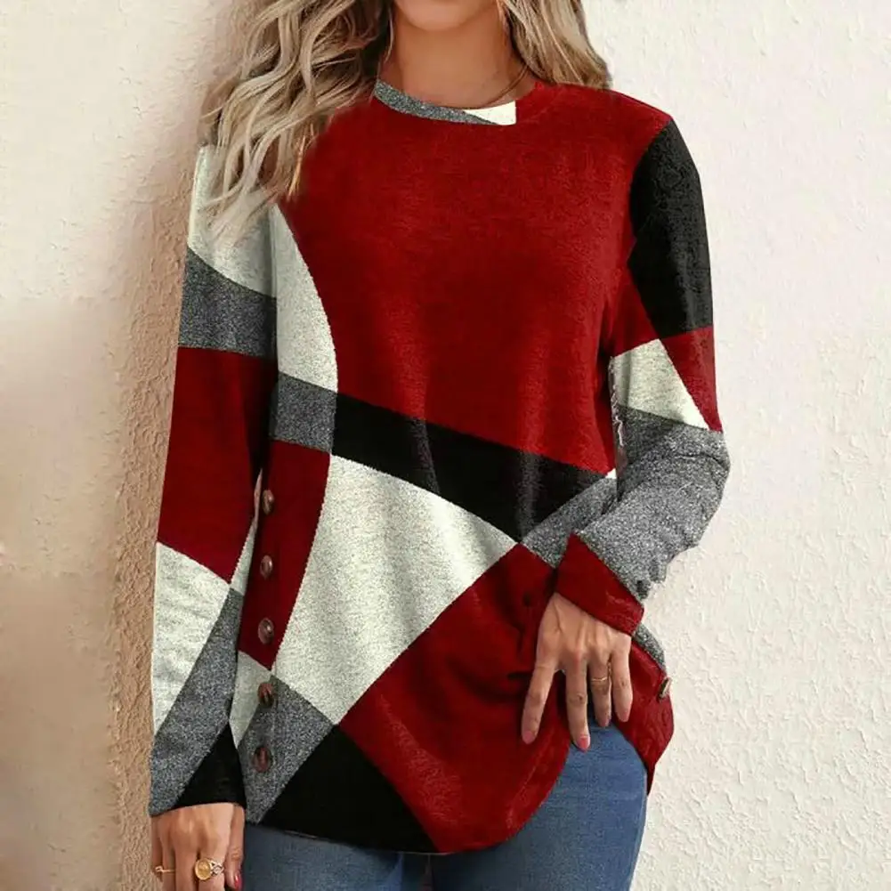 

Pullover Blouse Stretchy Autumn Top Crew Neck Women Casual Vintage Geometry Patchwork Color Pullover Blouse Workwear