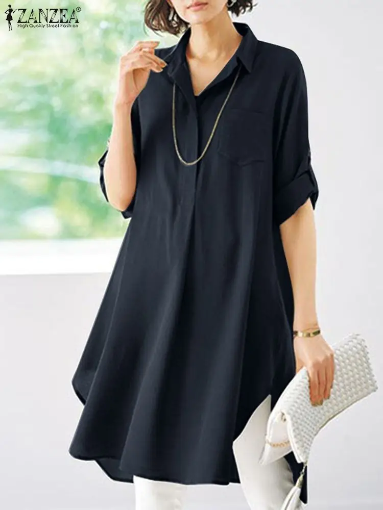 

Fashion Long Shirts ZANZEA Women Summer Blouse Casual Lapel Half Sleeve Blusas Femem Elegant Loose Tops Female Buttons Chemise