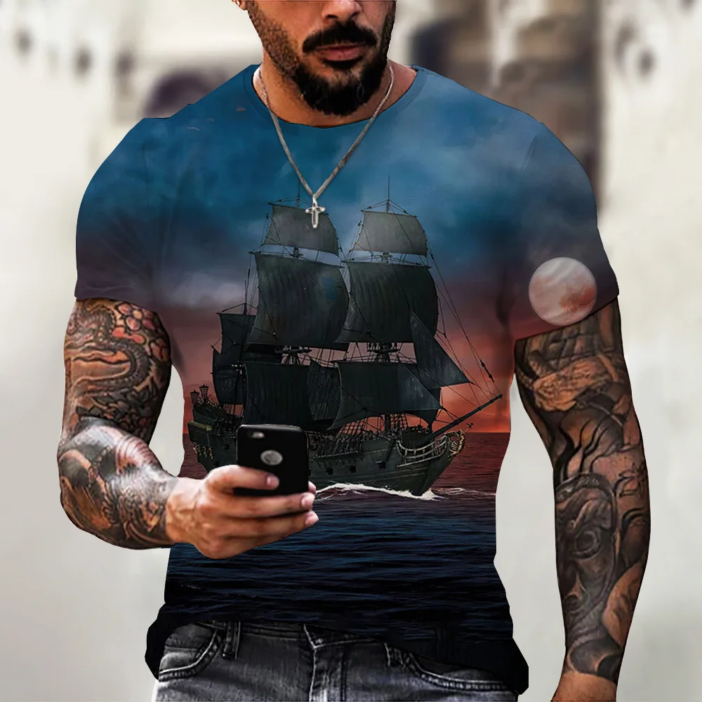 

Vintage Men Ship T-shirts 3D Printed Pirate Ship Crew Neck Short Sleeve T Shirt For Men Oversized Tops Tee Shirt Homme Camiseta