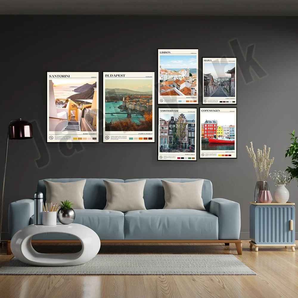 Paris Seoul South Korea Copenhagen Lisbon Warsaw Poland Nicosia Cyprus Amsterdam Switzerland Budapest travel poster