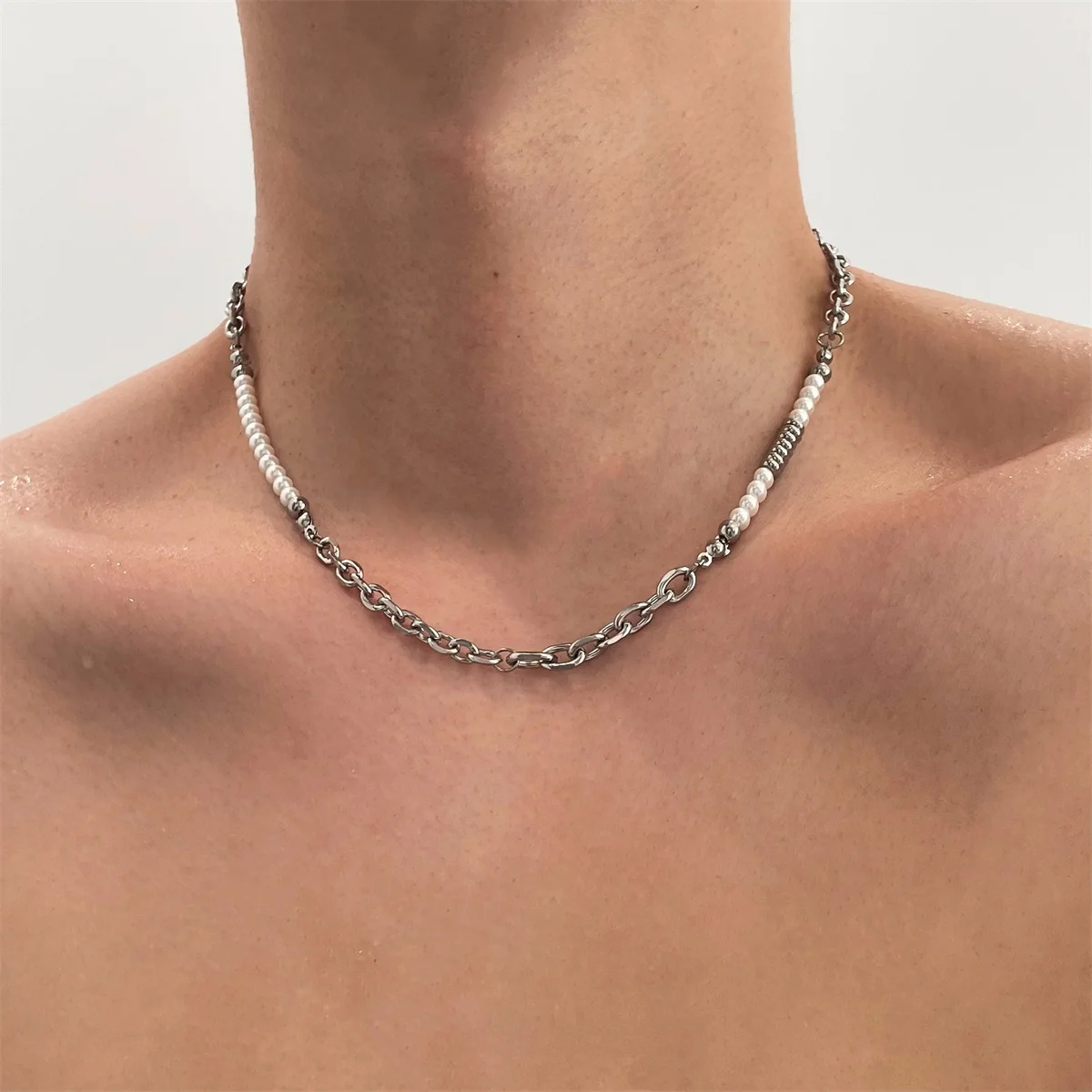  Мужское колье из титановой стали в стиле пэчворк с жемчугом и бисером ожерелье