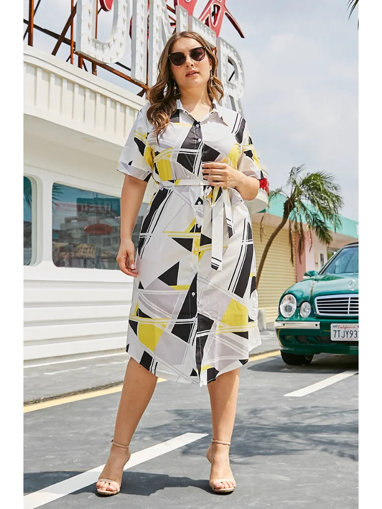Short-sleeved plus-size women shirt skirt summer printed casual lace-up dress plus size feminino