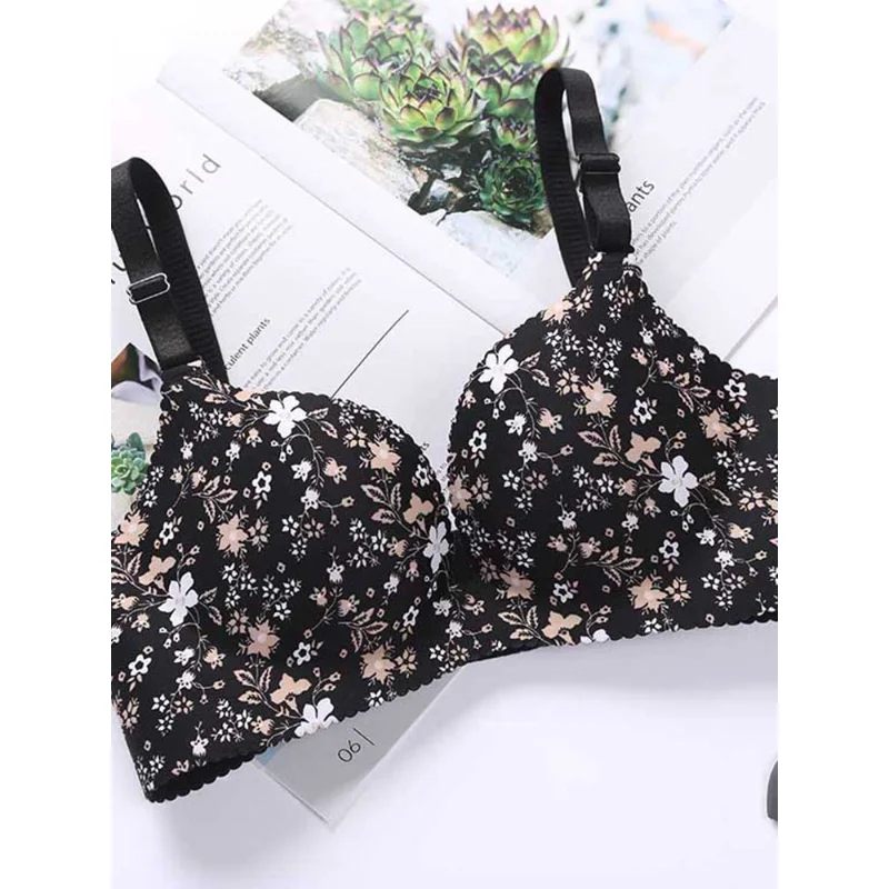 

Women Lingerie Seamless Adjustable Bra Sexy Comfortable Nylon Flower Print Gathered Comfortable Underwear Breathable Bra