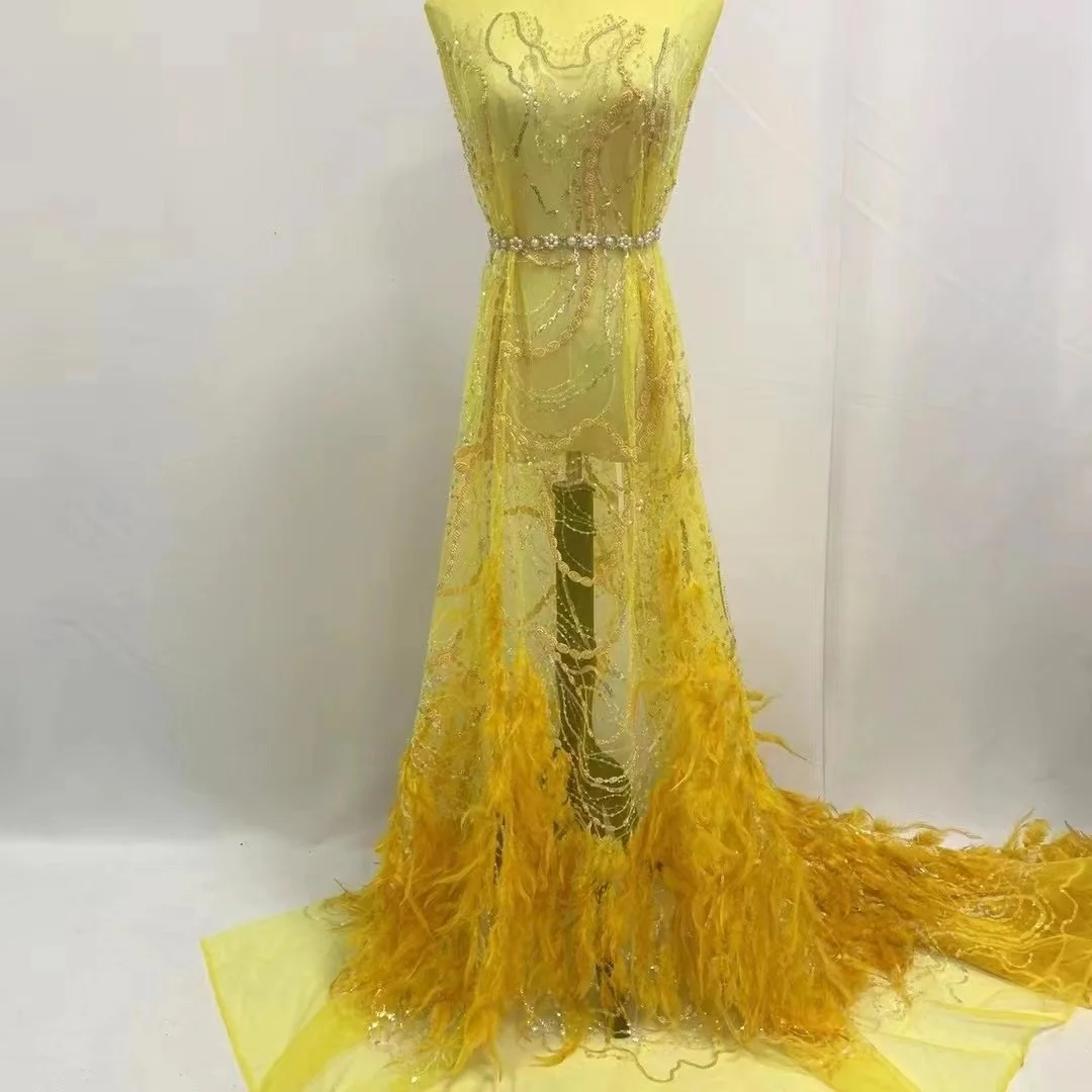 

Yellow African Lace Fabric 5 Yards 2023 Wedding Applique Nigerian 3D Flower French Mesh Tulle Organza Feather Lace Materials