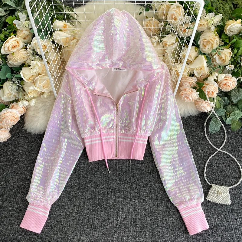 

Sequined Short Design Summer Women Chic Hooded Sequines Jacket