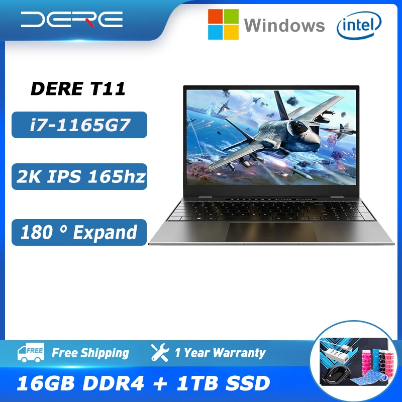 Ноутбук Dere T11 15 6 дюйма 2 5 k IPS Intel Core i7-1165G7 16 Гб ОЗУ ТБ SSD 180 ° компьютер для бизнеса и
