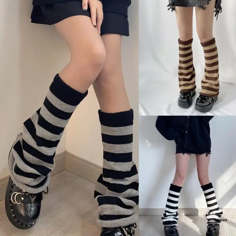 Women Girls Dark Goth Ribbed Knit Leg Warmers Contrast Color Striped Wide Leg Flare Foot Cover Socks Harajuku Loose Knee High