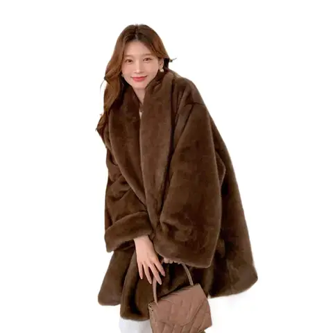 Женское теплое меховое пальто с толстым отложным воротником, свободное пальто миди длиной кофейного цвета, топы для женщин Casaco Feminino