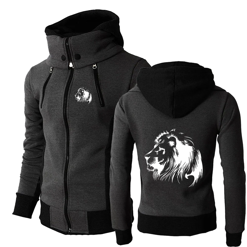 

2022 Meditation Lion Printed Mens England Style Tops Spring Autumn Fashion Harajuku Style Double Zip Solid Color Tops
