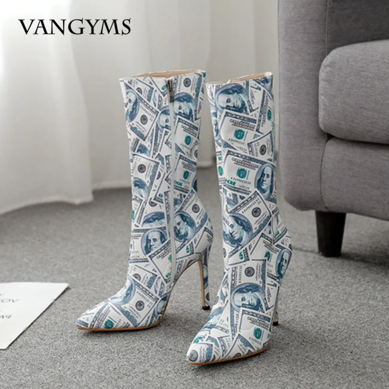 

US Dollar Print Mid-boots Women's Fashion Pointed Toe Women's Boots Plus Size Zipper Women's Shoes Botas Mujer Invierno 2022