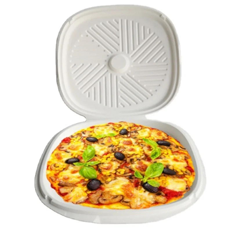 

Disposable Biodegradable 12 Inch Sugarcane Pulp round sugarcane molded bagasse fiber pizza box tray With Lid Takeway Packaging