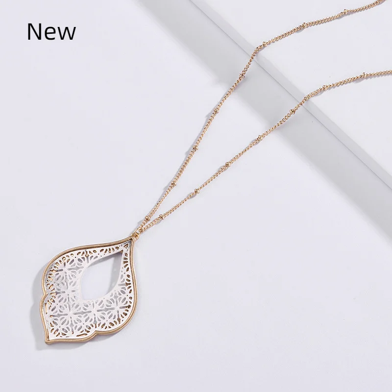 

2020 New Gold Filigree Morocco Teardrop Necklace for Women Trendy Two Tone Geometric Statement Long Necklace Jewelry Wholesale