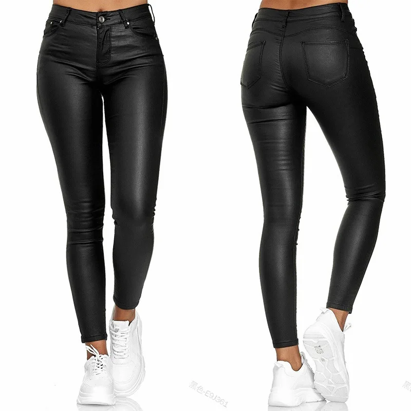 

Spring and Autumn High Waist Solid Leather Casual Pants Leggings PU Leather Pants Womens Skinny Push Up Leggings