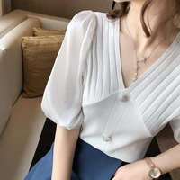 summer new puff sleeves v neck pullover chiffon stitching knitted sweater womens short sleeves ladies tops 2022