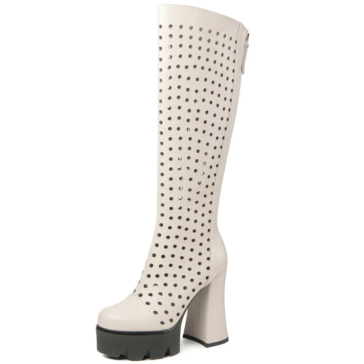 Thigh High Platform Pumps Shoes Women Hollow Genuine Leather Knee High Boots Female Round Toe Gladiator Sandals Casual Shoes